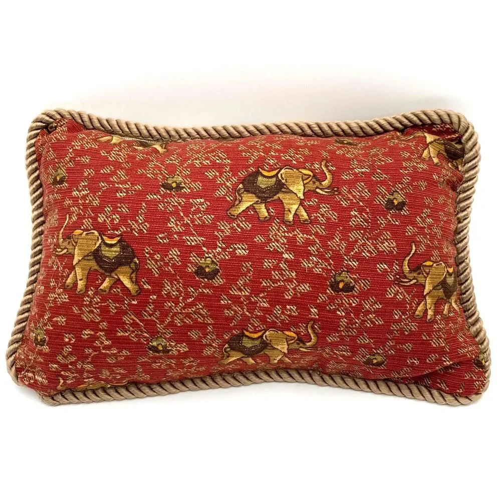 Handmade Patchwork Pillow – Burgundy Corduroy with Elephants